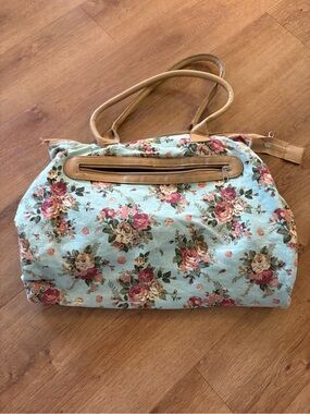 Floral Canvas Tote Travel Bag with Tan Trim